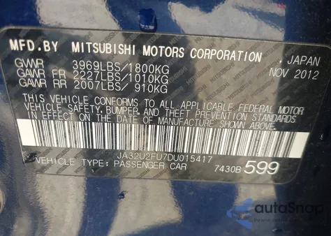 2013 Mitsubishi Lancer Es из США, поврежденный, VIN JA32U2FU7DU015417